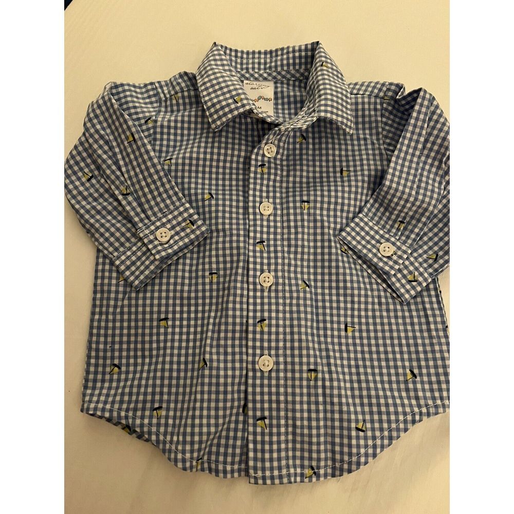 Starting Out Baby Boy Blue Gingham Sailboat Button Down Shirt